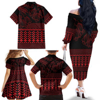 Red Taniko Kowhaiwhai Tukutuku Motif Family Matching Off The Shoulder Long Sleeve Dress and Hawaiian Shirt LT9 - Polynesian Pride