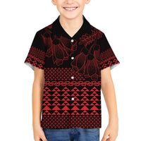 Red Taniko Kowhaiwhai Tukutuku Motif Family Matching Off The Shoulder Long Sleeve Dress and Hawaiian Shirt LT9 Son's Shirt Red - Polynesian Pride