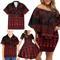 Red Taniko Kowhaiwhai Tukutuku Motif Family Matching Off Shoulder Short Dress and Hawaiian Shirt LT9 - Polynesian Pride