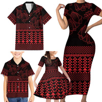 Red Taniko Kowhaiwhai Tukutuku Motif Family Matching Short Sleeve Bodycon Dress and Hawaiian Shirt LT9 - Polynesian Pride