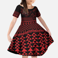 Red Taniko Kowhaiwhai Tukutuku Motif Kid Short Sleeve Dress