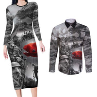 Black ANZAC Day The Battle of Lone Pine Couples Matching Long Sleeve Bodycon Dress and Long Sleeve Button Shirt Kiwi-Kangaroo Soldier Lest We Forget LT9 Black - Polynesian Pride