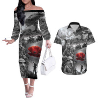 Black ANZAC Day The Battle of Lone Pine Couples Matching Off The Shoulder Long Sleeve Dress and Hawaiian Shirt Kiwi-Kangaroo Soldier Lest We Forget LT9 Black - Polynesian Pride