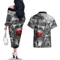 Black ANZAC Day The Battle of Lone Pine Couples Matching Off The Shoulder Long Sleeve Dress and Hawaiian Shirt Kiwi-Kangaroo Soldier Lest We Forget LT9 - Polynesian Pride