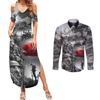 Black ANZAC Day The Battle of Lone Pine Couples Matching Summer Maxi Dress and Long Sleeve Button Shirt Kiwi-Kangaroo Soldier Lest We Forget LT9 Black - Polynesian Pride