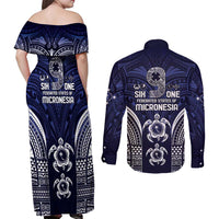 FSM Chuuk States Couples Matching Off Shoulder Maxi Dress and Long Sleeve Button Shirt Micronesia Six 9 One Polynesian Tribal Pattern