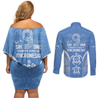 FSM Kosrae States Couples Matching Off Shoulder Short Dress and Long Sleeve Button Shirt Micronesia Six 9 One Polynesian Tribal Pattern