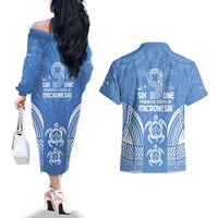 FSM Kosrae States Couples Matching Off The Shoulder Long Sleeve Dress and Hawaiian Shirt Micronesia Six 9 One Polynesian Tribal Pattern