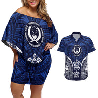 FSM Pohnpei States Couples Matching Off Shoulder Short Dress and Hawaiian Shirt Micronesia Six 9 One Polynesian Tribal Pattern