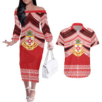 Personalised Kolisi Tonga College Atele Couples Matching Off The Shoulder Long Sleeve Dress and Hawaiian Shirt Polynesian Ngatu Tribal LT9 Red - Polynesian Pride
