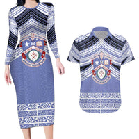 Personalised Tonga Apifoou College Couples Matching Long Sleeve Bodycon Dress and Hawaiian Shirt Polynesian Ngatu Tribal LT9 Blue - Polynesian Pride