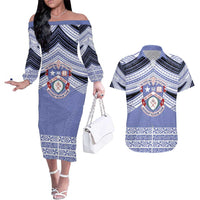 Personalised Tonga Apifoou College Couples Matching Off The Shoulder Long Sleeve Dress and Hawaiian Shirt Polynesian Ngatu Tribal LT9 Blue - Polynesian Pride