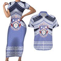 Personalised Tonga Apifoou College Couples Matching Short Sleeve Bodycon Dress and Hawaiian Shirt Polynesian Ngatu Tribal LT9 Blue - Polynesian Pride