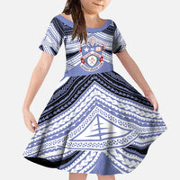 Personalised Tonga Apifoou College Family Matching Off The Shoulder Long Sleeve Dress and Hawaiian Shirt Polynesian Ngatu Tribal LT9 Daughter's Dress Blue - Polynesian Pride