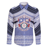 Personalised Tonga Apifoou College Family Matching Off The Shoulder Long Sleeve Dress and Hawaiian Shirt Polynesian Ngatu Tribal LT9 Dad's Shirt - Long Sleeve Blue - Polynesian Pride