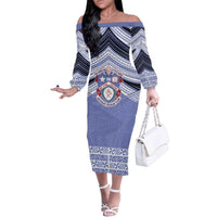 Personalised Tonga Apifoou College Family Matching Off The Shoulder Long Sleeve Dress and Hawaiian Shirt Polynesian Ngatu Tribal LT9 Mom's Dress Blue - Polynesian Pride
