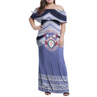 Personalised Tonga Apifoou College Family Matching Off Shoulder Maxi Dress and Hawaiian Shirt Polynesian Ngatu Tribal LT9 Mom's Dress Blue - Polynesian Pride