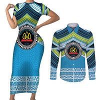 Personalised Tonga Lavengamalie College Couples Matching Short Sleeve Bodycon Dress and Long Sleeve Button Shirt Polynesian Ngatu Tribal LT9 Blue - Polynesian Pride