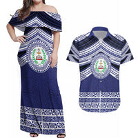 Personalised Tonga Sia'atoutai Theological College Couples Matching Off Shoulder Maxi Dress and Hawaiian Shirt Polynesian Ngatu Tribal LT9 Blue - Polynesian Pride