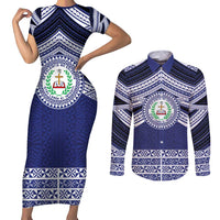 Personalised Tonga Sia'atoutai Theological College Couples Matching Short Sleeve Bodycon Dress and Long Sleeve Button Shirt Polynesian Ngatu Tribal LT9 Blue - Polynesian Pride