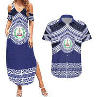 Personalised Tonga Sia'atoutai Theological College Couples Matching Summer Maxi Dress and Hawaiian Shirt Polynesian Ngatu Tribal LT9 Blue - Polynesian Pride