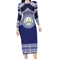 Personalised Tonga Sia'atoutai Theological College Family Matching Long Sleeve Bodycon Dress and Hawaiian Shirt Polynesian Ngatu Tribal LT9 Mom's Dress Blue - Polynesian Pride