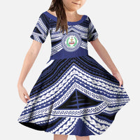 Personalised Tonga Sia'atoutai Theological College Family Matching Off The Shoulder Long Sleeve Dress and Hawaiian Shirt Polynesian Ngatu Tribal LT9 Daughter's Dress Blue - Polynesian Pride