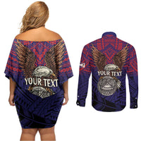 American Samoa Brave Eagle Personalized Couples Matching Off Shoulder Short Dress and Long Sleeve Button Shirt National Flag Color