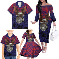 American Samoa Brave Eagle Personalized Family Matching Off The Shoulder Long Sleeve Dress and Hawaiian Shirt National Flag Color