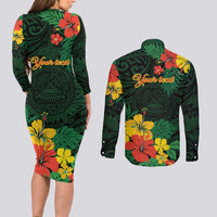 American Samoa Manu'atele Personalized Couples Matching Long Sleeve Bodycon Dress and Long Sleeve Button Shirt Manua Island Hibiscus Flowers