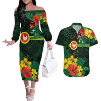 American Samoa Manu'atele Personalized Couples Matching Off The Shoulder Long Sleeve Dress and Hawaiian Shirt Manua Island Hibiscus Flowers