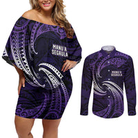 Manua Segaula American Samoa High School Personalized Couples Matching Off Shoulder Short Dress and Long Sleeve Button Shirt Polynesian Wave Style