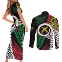 Ni-Van Vanuatu 45th Yumi Yumi Yumi Couples Matching Short Sleeve Bodycon Dress and Long Sleeve Button Shirt Vanuatuan Boar Tusk Polynesian Pattern