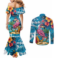 Hawaiian Flamingo Hibiscus Personalised Couples Matching Mermaid Dress and Long Sleeve Button Shirt Blue Summer Tropical Flowers LT9 - Polynesian Pride
