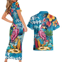 Hawaiian Flamingo Hibiscus Personalised Couples Matching Short Sleeve Bodycon Dress and Hawaiian Shirt Blue Summer Tropical Flowers LT9 - Polynesian Pride