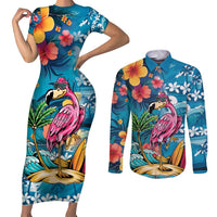 Hawaiian Flamingo Hibiscus Personalised Couples Matching Short Sleeve Bodycon Dress and Long Sleeve Button Shirt Blue Summer Tropical Flowers LT9 Blue - Polynesian Pride