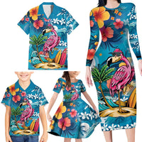 Hawaiian Flamingo Hibiscus Personalised Family Matching Long Sleeve Bodycon Dress and Hawaiian Shirt Blue Summer Tropical Flowers LT9 - Polynesian Pride