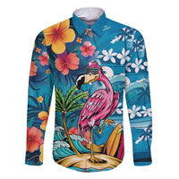 Hawaiian Flamingo Hibiscus Personalised Family Matching Off Shoulder Short Dress and Hawaiian Shirt Blue Summer Tropical Flowers LT9 Dad's Shirt - Long Sleeve Blue - Polynesian Pride