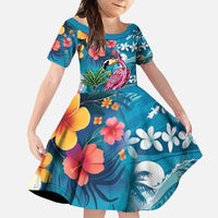 Hawaiian Flamingo Hibiscus Personalised Family Matching Short Sleeve Bodycon Dress and Hawaiian Shirt Blue Summer Tropical Flowers LT9 Daughter's Dress Blue - Polynesian Pride