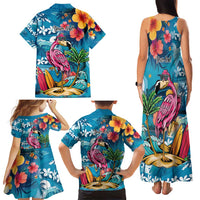 Hawaiian Flamingo Hibiscus Personalised Family Matching Tank Maxi Dress and Hawaiian Shirt Blue Summer Tropical Flowers - Polynesian Pride