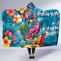 Hawaiian Flamingo Hibiscus Personalised Hooded Blanket Blue Summer Tropical Flowers - Polynesian Pride