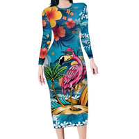 Hawaiian Flamingo Hibiscus Personalised Long Sleeve Bodycon Dress Blue Summer Tropical Flowers - Polynesian Pride