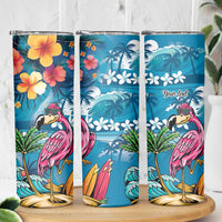 Hawaiian Flamingo Hibiscus Personalised Skinny Tumbler Blue Summer Tropical Flowers - Polynesian Pride