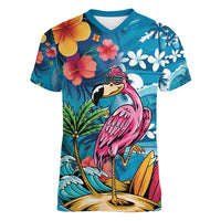 Hawaiian Flamingo Hibiscus Personalised Women V-Neck T-Shirt Blue Summer Tropical Flowers LT9 Female Blue - Polynesian Pride