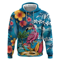 Hawaiian Flamingo Hibiscus Personalised Zip Hoodie Blue Summer Tropical Flowers - Polynesian Pride