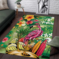 Hawaiian Flamingo Hibiscus Personalised Area Rug Green Summer Tropical Flowers - Polynesian Pride