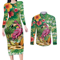 Hawaiian Flamingo Hibiscus Personalised Couples Matching Long Sleeve Bodycon Dress and Long Sleeve Button Shirt Green Summer Tropical Flowers LT9 Green - Polynesian Pride