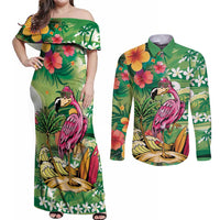 Hawaiian Flamingo Hibiscus Personalised Couples Matching Off Shoulder Maxi Dress and Long Sleeve Button Shirt Green Summer Tropical Flowers LT9 Green - Polynesian Pride