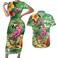 Hawaiian Flamingo Hibiscus Personalised Couples Matching Short Sleeve Bodycon Dress and Hawaiian Shirt Green Summer Tropical Flowers LT9 Green - Polynesian Pride