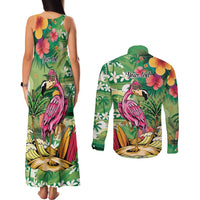 Hawaiian Flamingo Hibiscus Personalised Couples Matching Tank Maxi Dress and Long Sleeve Button Shirt Green Summer Tropical Flowers LT9 - Polynesian Pride